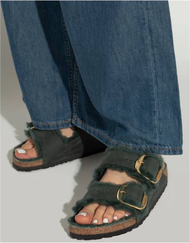 Birkenstock Arizona Big Buckle Shearling Slides Green Dames