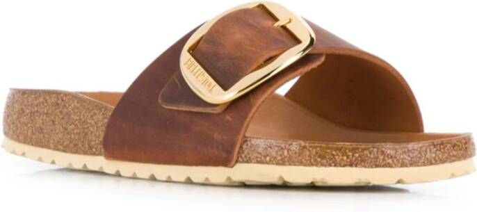 Birkenstock Bruine Geoliede Lederen Slides Brown Dames