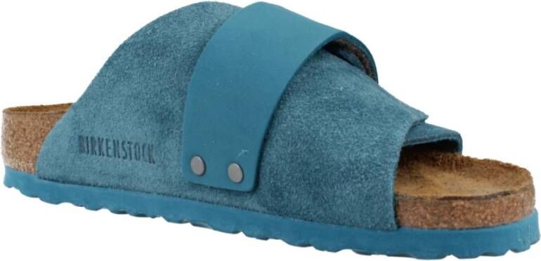 Birkenstock Kyoto Nubuck Suede Leather Sliders Blue Dames