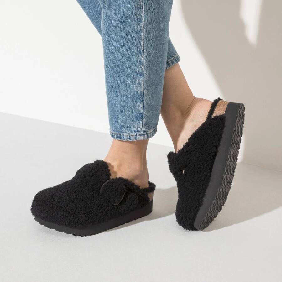 Birkenstock Schapenvacht Platform Clogs Black Dames