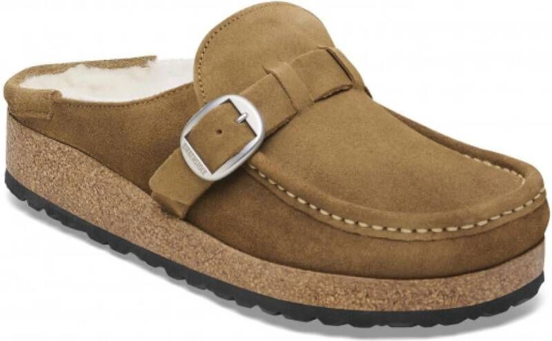 Birkenstock Shearling Mocassin Klomp met Grote Gesp Brown Dames