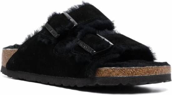 Birkenstock Shearling Suède Leren Sandalen Black Dames