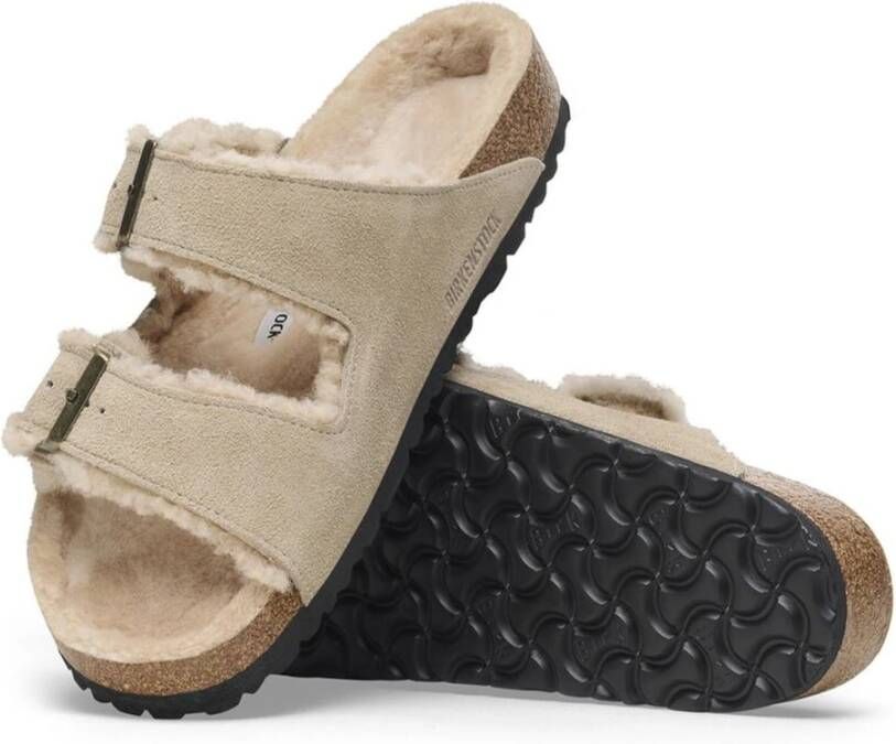 Birkenstock Shearling Taupe Leren Arizona Sliders Beige Heren