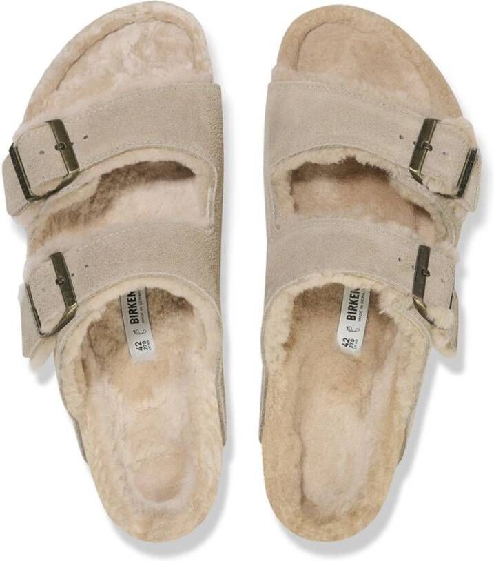 Birkenstock Shearling Taupe Leren Arizona Sliders Beige Heren