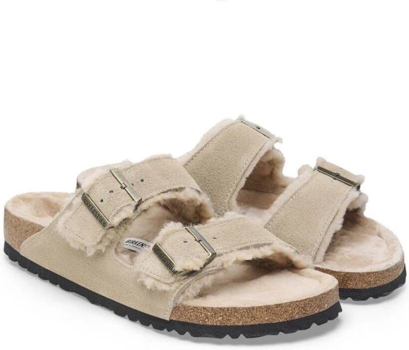 Birkenstock Shearling Taupe Leren Arizona Sliders Beige Heren