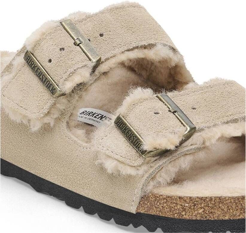 Birkenstock Shearling Taupe Leren Arizona Sliders Beige Heren