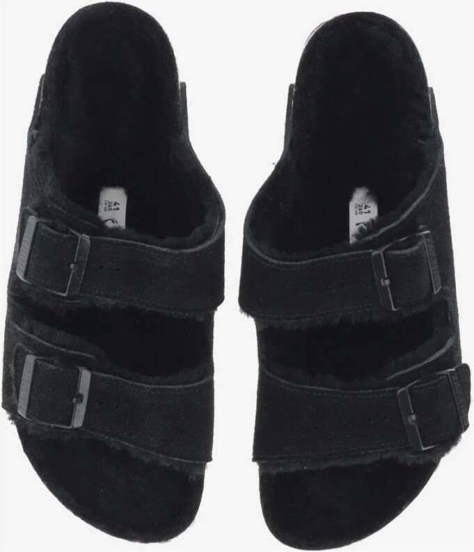 Birkenstock Shearling Zwarte Sandalen Verstelbare Banden Kurk Black Dames