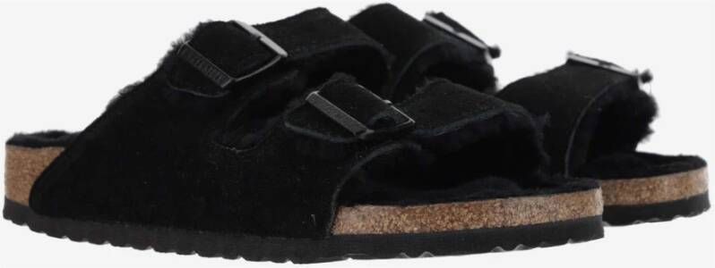 Birkenstock Shearling Zwarte Sandalen Verstelbare Banden Kurk Black Dames