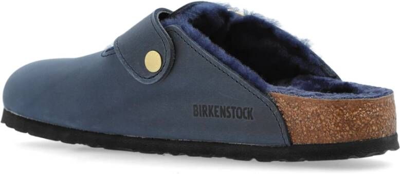 Birkenstock Slides Boston Big Buckle Shearling Blue Dames