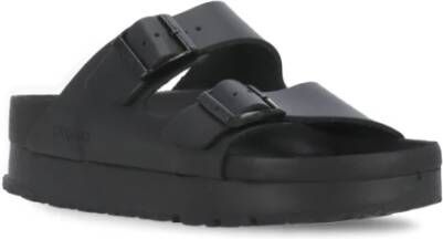 Birkenstock Zwarte Leren Sliders Ronde Neus Sandalen Black Dames