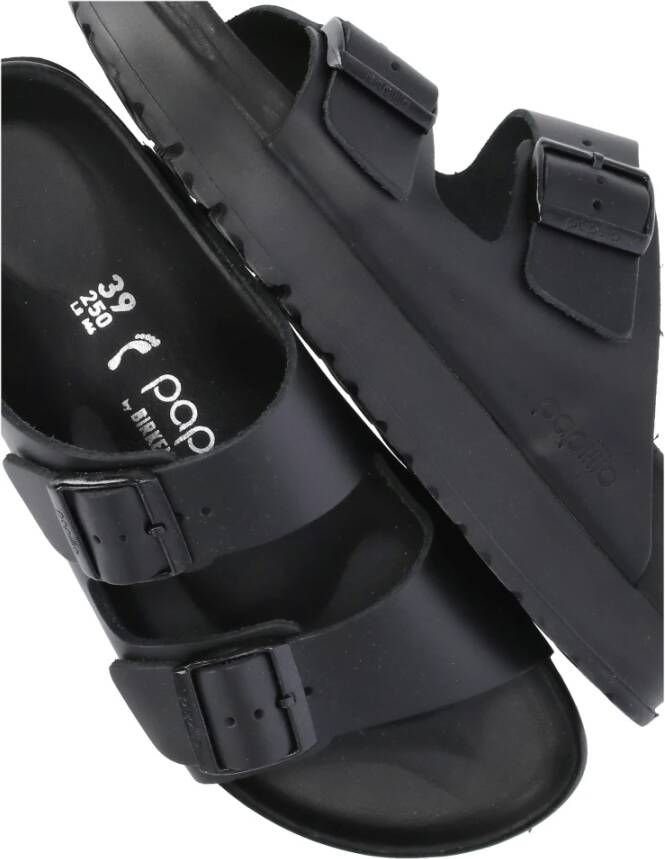 Birkenstock Zwarte Leren Sliders Ronde Neus Sandalen Black Dames