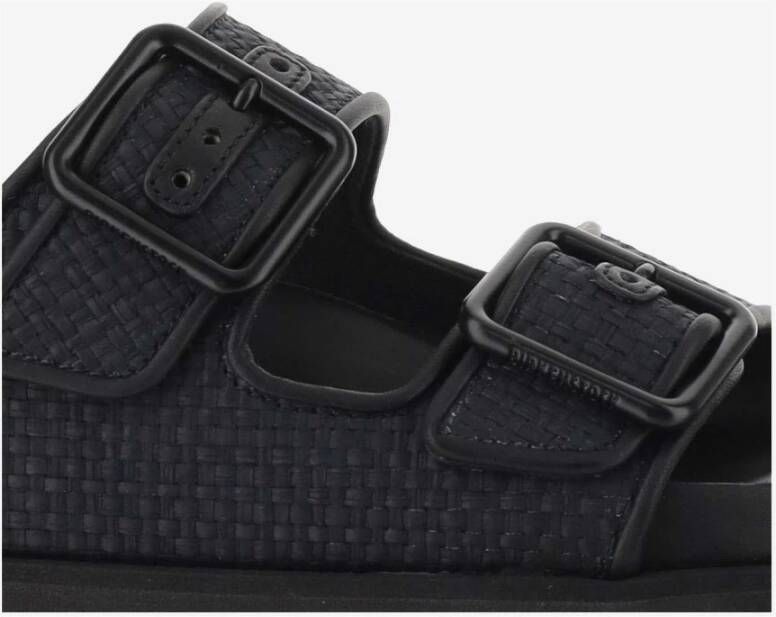 Birkenstock Zwarte Raffia Sandalen met Leren Afwerking Black Dames