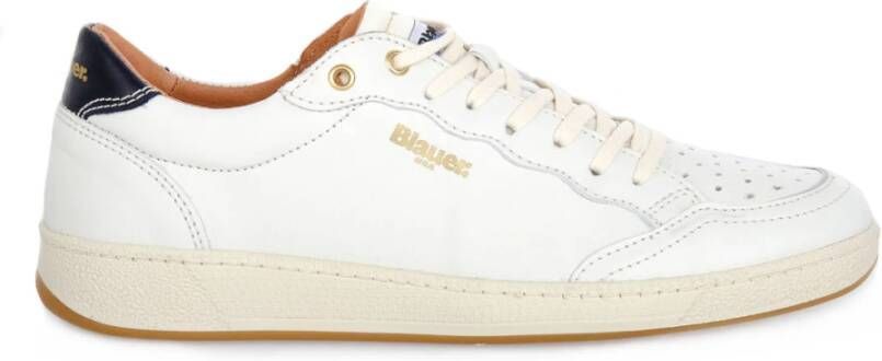 Blauer Witte Leren Lage Sneakers Wit Heren