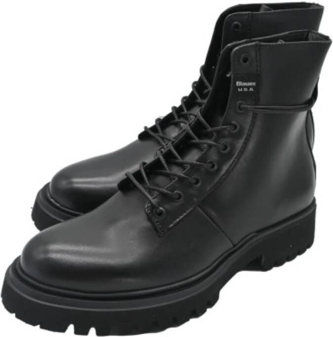 Blauer Zwarte Leren Sneakers Flynn Mannen Black Heren