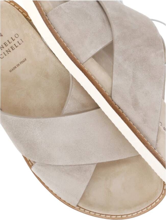 BRUNELLO CUCINELLI Beige Suède Leren Heren Slippers Gray Heren