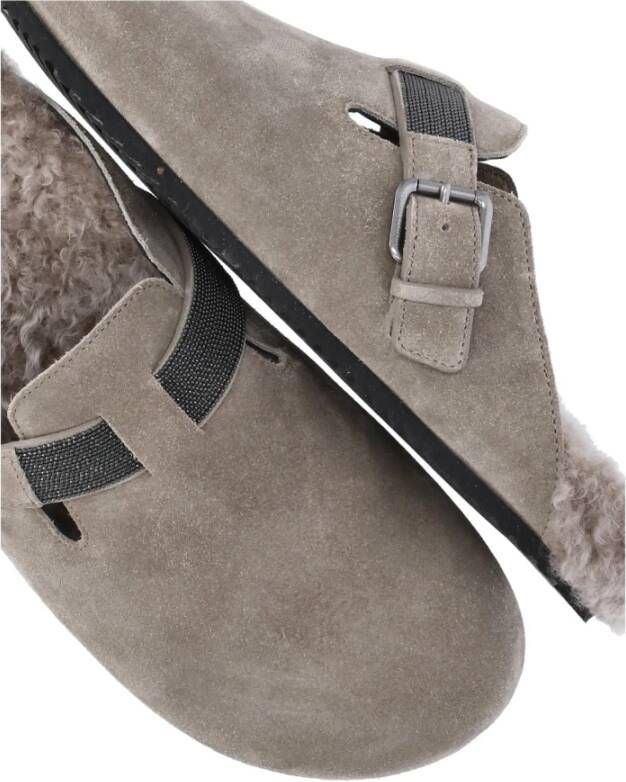 BRUNELLO CUCINELLI Beige Suède Leren Platte Schoenen Gray Dames