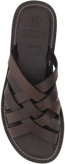 BRUNELLO CUCINELLI Geweven leren sandalen met blokhak Brown Heren