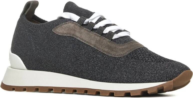 BRUNELLO CUCINELLI Grijze Gebreide en Bruine Suède Sneakers Black Dames