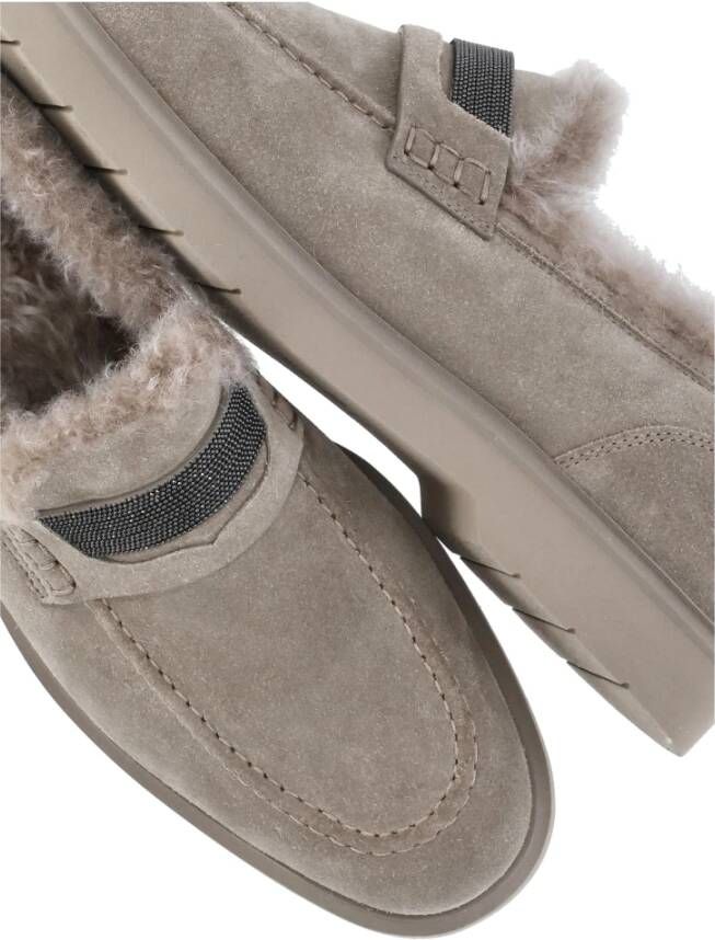 BRUNELLO CUCINELLI Grijze Suède Loafers met Messing Details Gray Dames