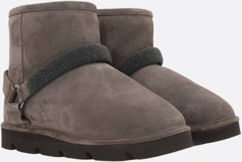 BRUNELLO CUCINELLI Grijze Suède Shearling Laarzen met Geborduurde Band Gray Dames