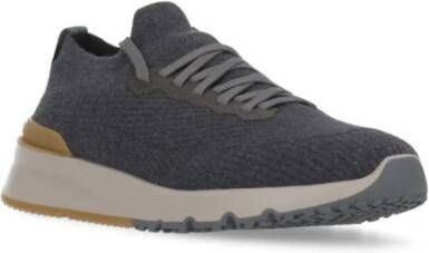 BRUNELLO CUCINELLI Grijze Wol Gebreide Sneakers Leren Details Gray Heren