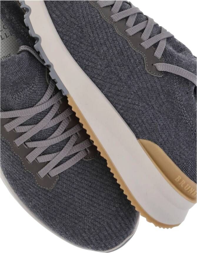 BRUNELLO CUCINELLI Grijze Wol Gebreide Sneakers Leren Details Gray Heren