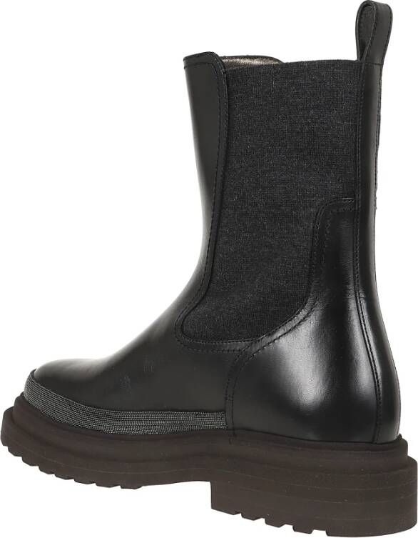 BRUNELLO CUCINELLI Leren Enkellaars met Wol Detail Black Dames