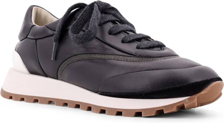 BRUNELLO CUCINELLI Leren Sneakers met Precious Stripe Detail Black Dames