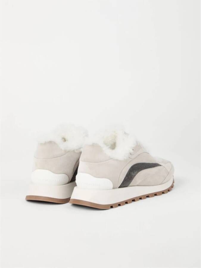 BRUNELLO CUCINELLI Lichtgrijze Shearling Streep Sneakers Gray Dames