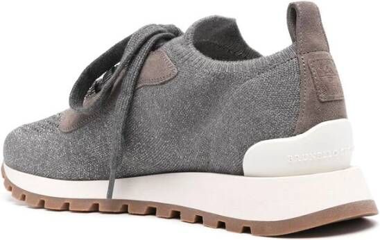 BRUNELLO CUCINELLI Metallic Grijze Gebreide Sneakers met Geperforeerde Neus Gray Dames