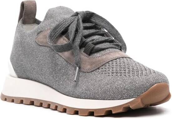 BRUNELLO CUCINELLI Metallic Grijze Gebreide Sneakers met Geperforeerde Neus Gray Dames