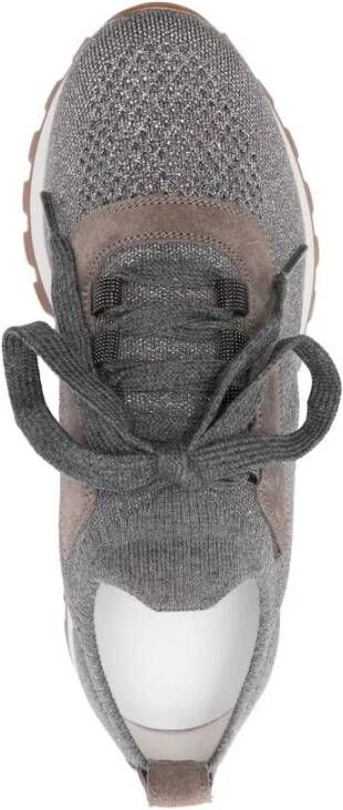 BRUNELLO CUCINELLI Metallic Grijze Gebreide Sneakers met Geperforeerde Neus Gray Dames