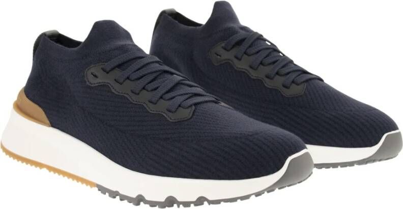 BRUNELLO CUCINELLI Runners van katoenen breisel en halfglanzend kalfsleer Blue Heren