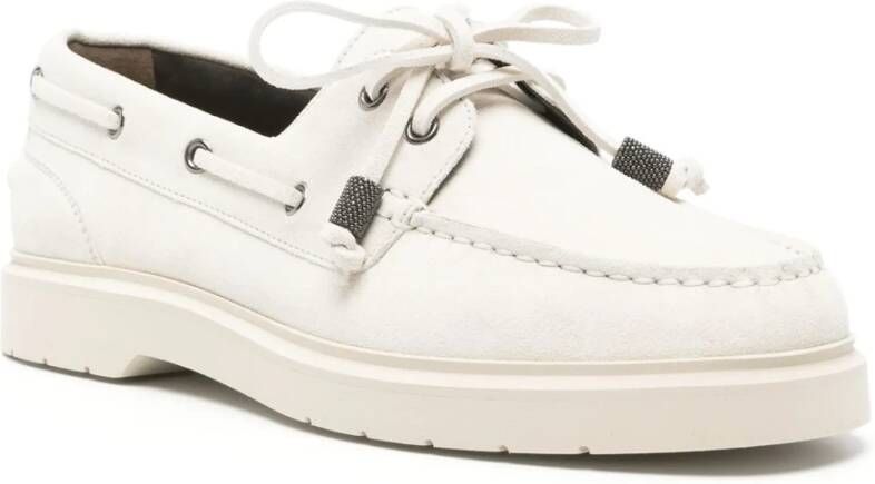 BRUNELLO CUCINELLI Suede Penny Loafers met Glanzende Aglets White Dames