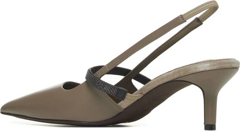 BRUNELLO CUCINELLI Taupe Leren Slingback Pumps met Monili Versiering Gray Dames