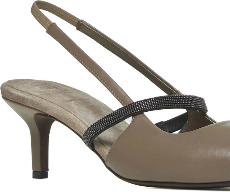 BRUNELLO CUCINELLI Taupe Leren Slingback Pumps met Monili Versiering Gray Dames