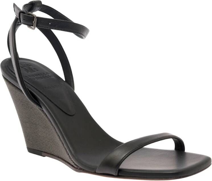 BRUNELLO CUCINELLI Zwarte leren sleehak sandalen met Monili-ketting Black Dames