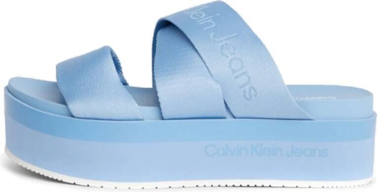 Calvin Klein Jeans Blauwe Platte Sandaal met Webbing Banden Blue Dames