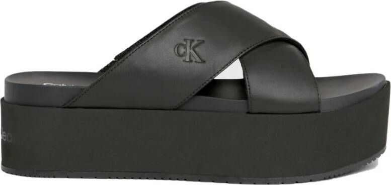 Calvin Klein Jeans Zwarte Cross Flatform Slippers Black Dames