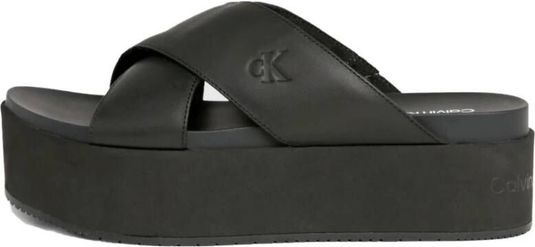 Calvin Klein Jeans Zwarte Cross Flatform Slippers Black Dames