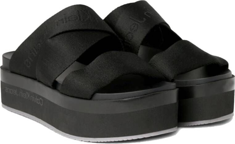 Calvin Klein Jeans Zwarte Platte Sandaal Webbing Black Dames