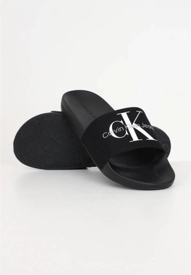 Calvin Klein Jeans Zwarte Slide Monogram Sandalen Black Heren