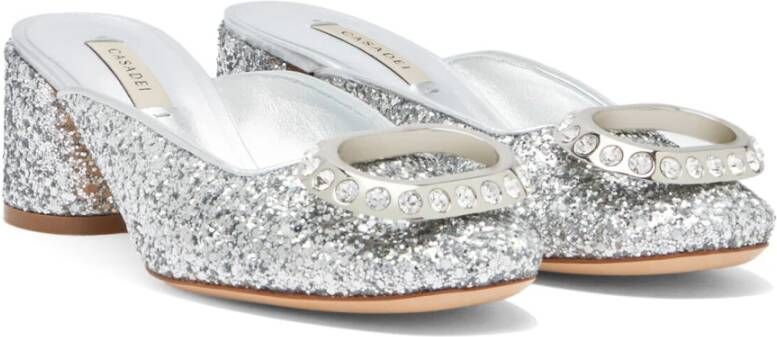 Casadei Zilveren Glitter Muiltje met Kristallen Ring Gray Dames