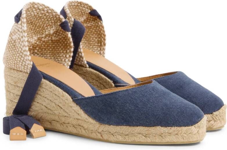 Castañer Carina gewassen katoenen espadrilles met striksluiting en 7 cm sleehak. Blue Dames