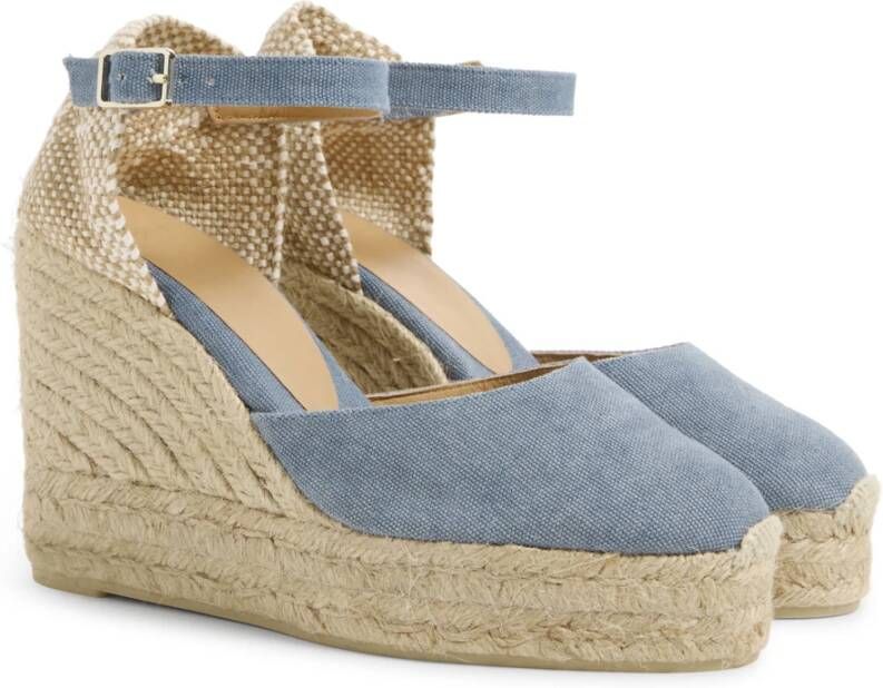 Castañer Carol gewassen katoenen espadrilles met enkelbandje met zij metalen gesp en 11 cm sleehak. Blue Dames