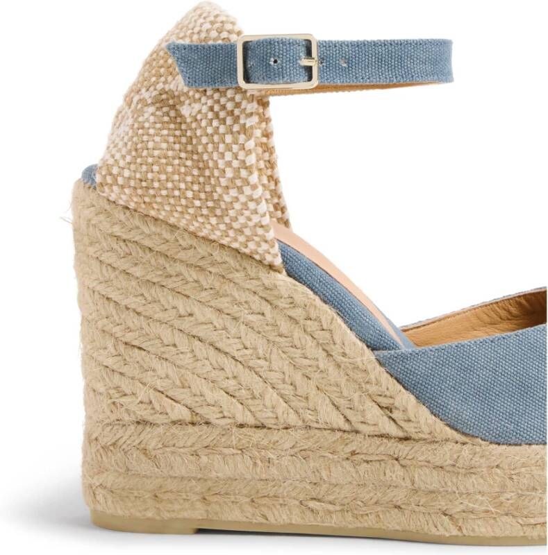 Castañer Carol gewassen katoenen espadrilles met enkelbandje met zij metalen gesp en 11 cm sleehak. Blue Dames