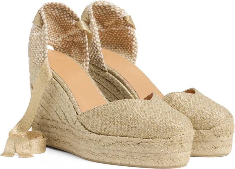 Castañer Chiara metallic-linnen espadrilles met striksluiting en 11 cm sleehak met dubbele platform. Yellow Dames