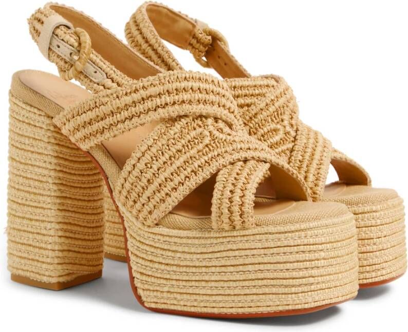 Castañer Fulvia raffia sandalen met enkelband met zij metalen gesp en 13 cm hak. Beige Dames