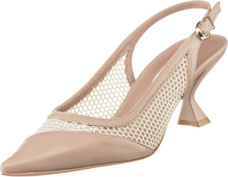 Cesare Gaspari Beige Mesh Pointed Toe Slingback Heels voor vrouwen Stijlvolle Kitten Heel Sandalen Beige Dames