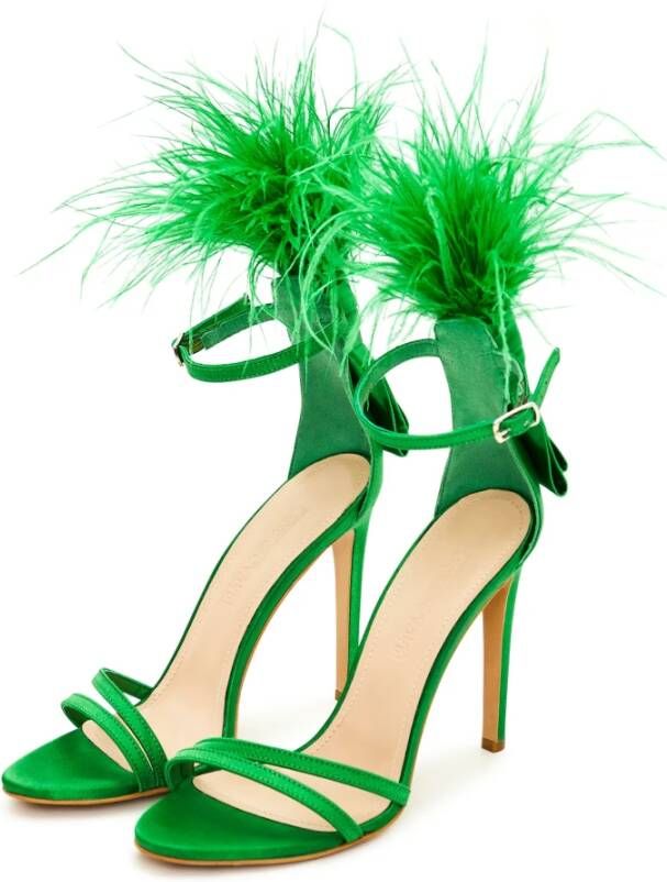 Cesare Gaspari Elegante Zwarte Veren Enkelband Luxe Hoge Hak Sandalen Groen Green Dames